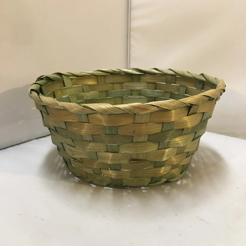 Woven Basket Small Green Natural Bamboo Straw Round Storage Decor Cottagecore
